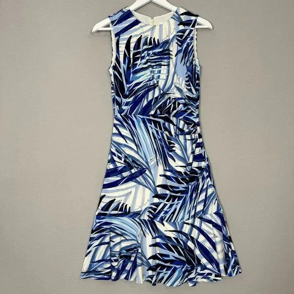 Eliza J Womens Dress 4 Blue Palm Leaf Jersey Knit Ruched Tropical Resort Vacay - Picture 1 of 12